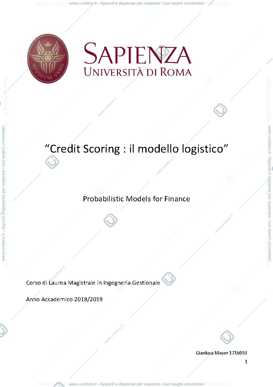 Anteprima pagina 1 — Modello logistico per il credit scoring