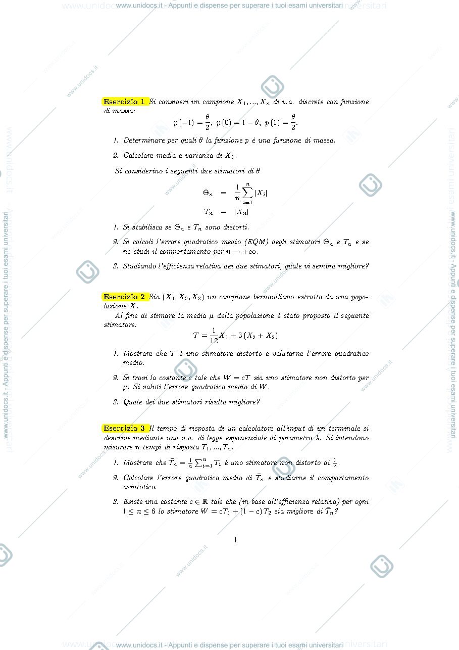 Anteprima pagina 1 — esercitazioni probabilità e statistica