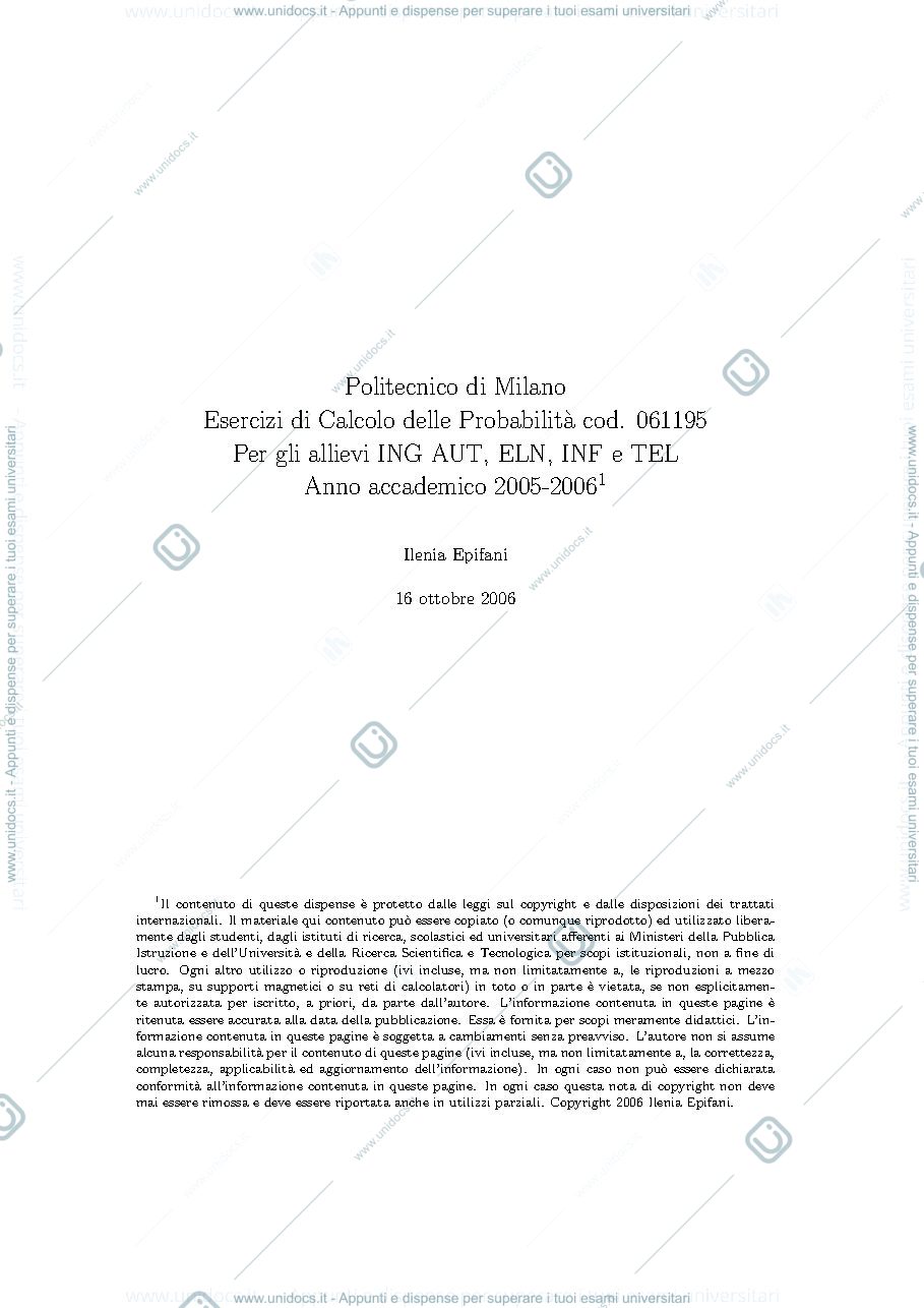 Anteprima pagina 1 — eserciziario calcolo delle probabilità