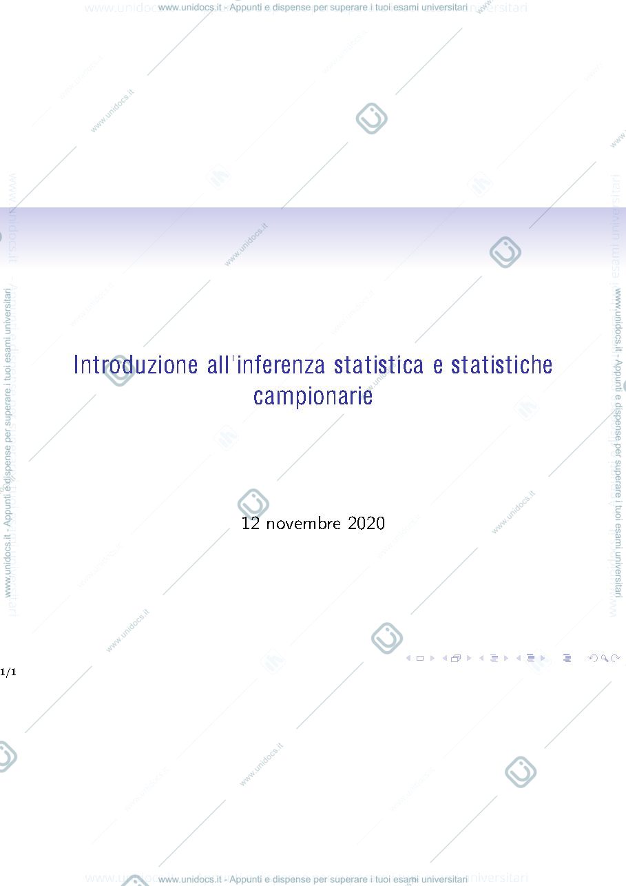 Anteprima pagina 1 — Lezione 16 - Introduzione all'inferenza statistica e statistiche campionarie lezioni prof : Ladelli