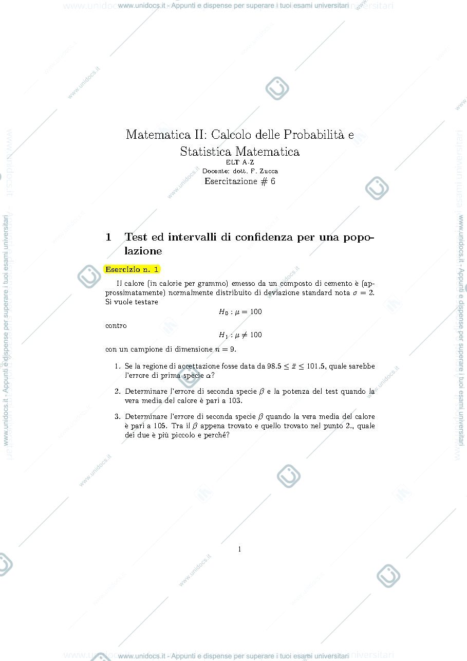 Anteprima pagina 1 — esercitazioni probabilità e statistica