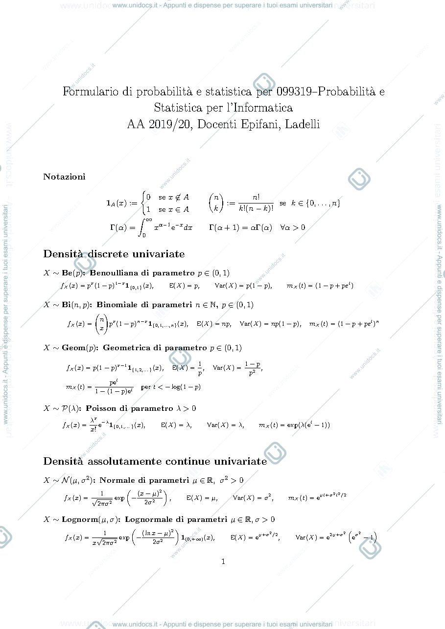 Anteprima pagina 1 — Formulario ammesso all'esame prof: Ladelli