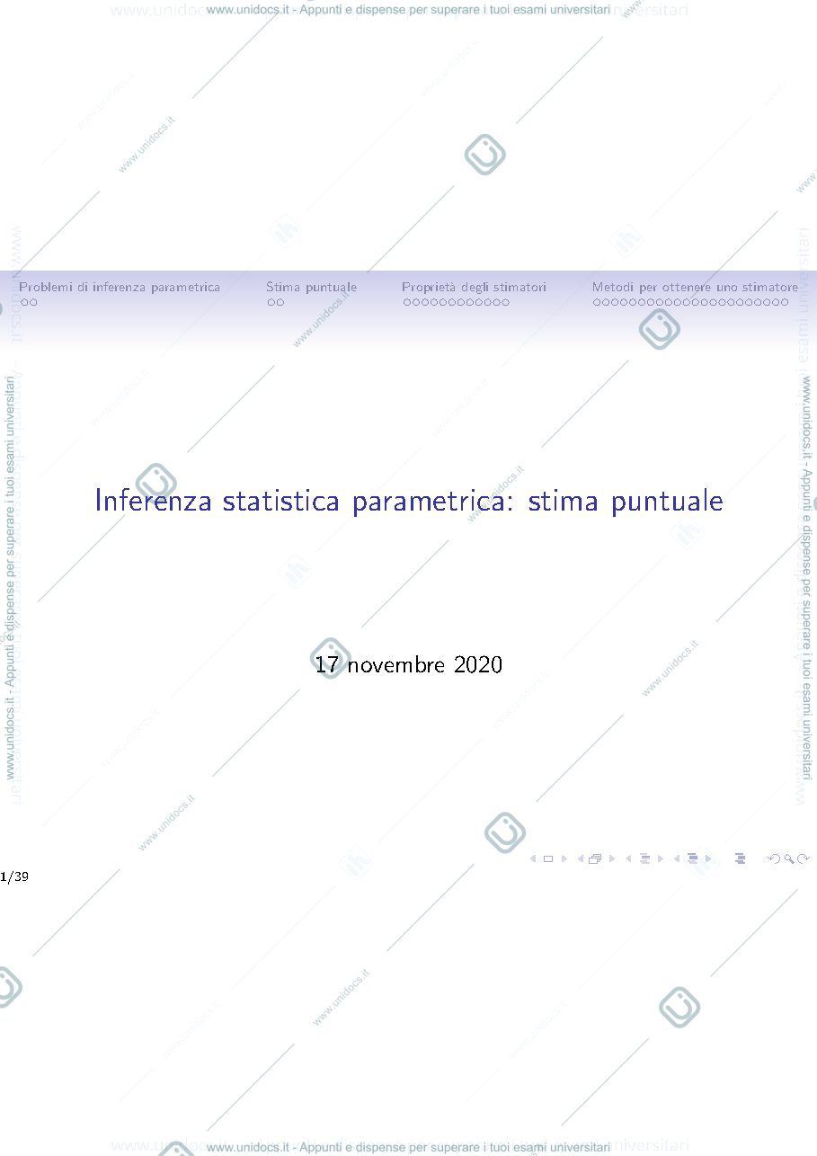 Anteprima pagina 1 — Lezione 17 - Inferenza statististica parametrica-stima puntuale lezioni prof : Ladelli
