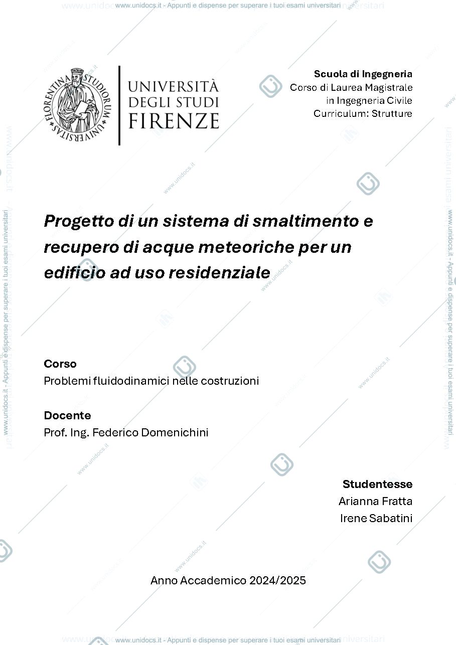 Anteprima pagina 1 — Progetto di un sistema di smaltimento e recupero di acque meteoriche per un edificio ad uso residenziale