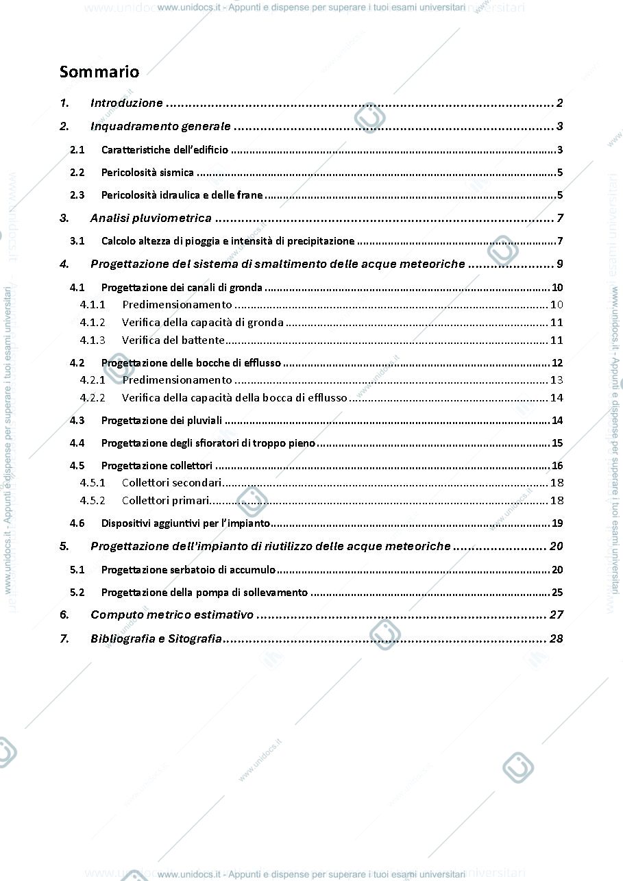 Anteprima pagina 2 — Progetto di un sistema di smaltimento e recupero di acque meteoriche per un edificio ad uso residenziale