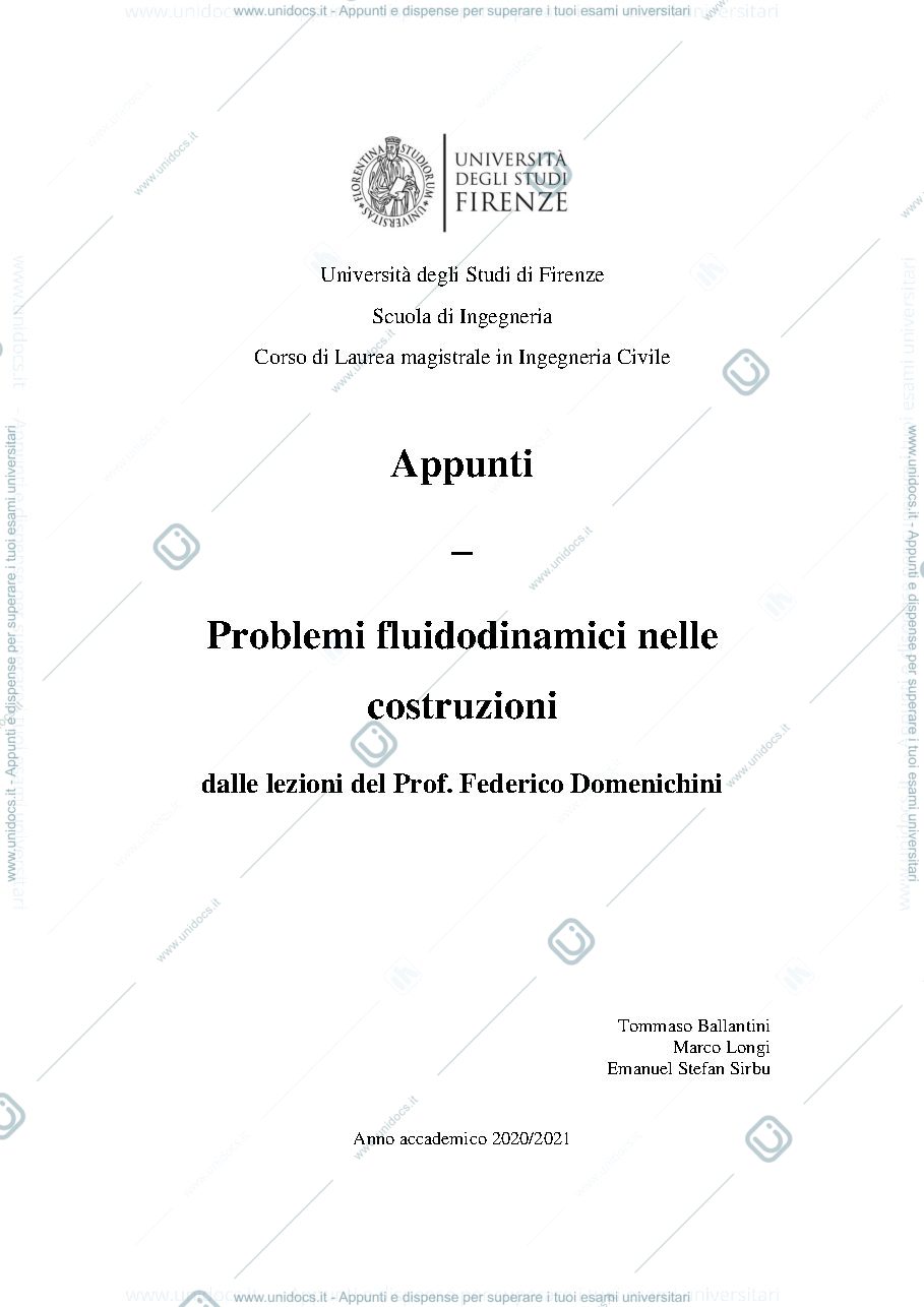 Anteprima pagina 1 — Appunti problemi fluidodinamici nelle costruzioni