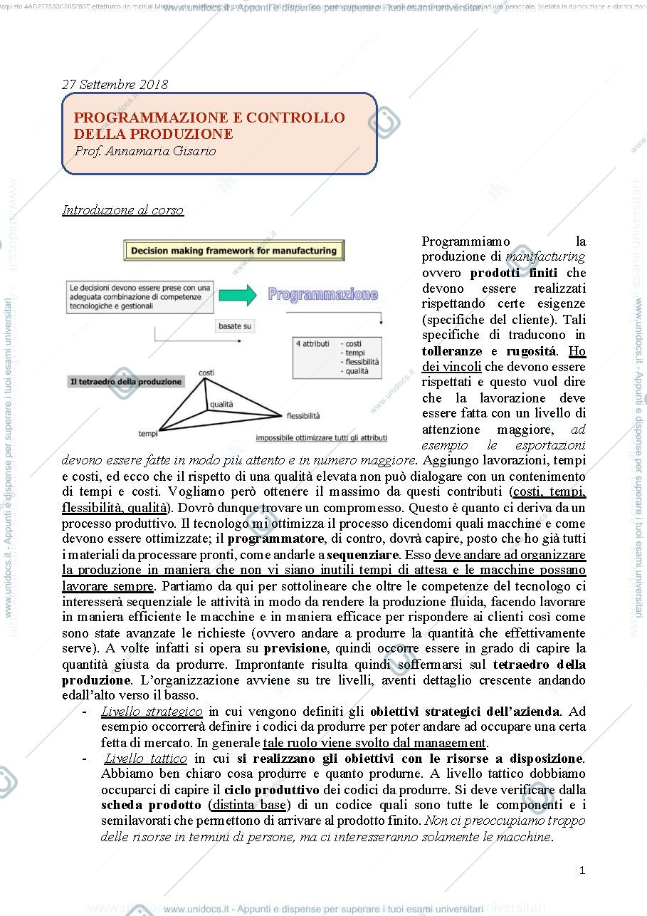 Anteprima pagina 1 — Riassunto Programmazione e controllo della produzione