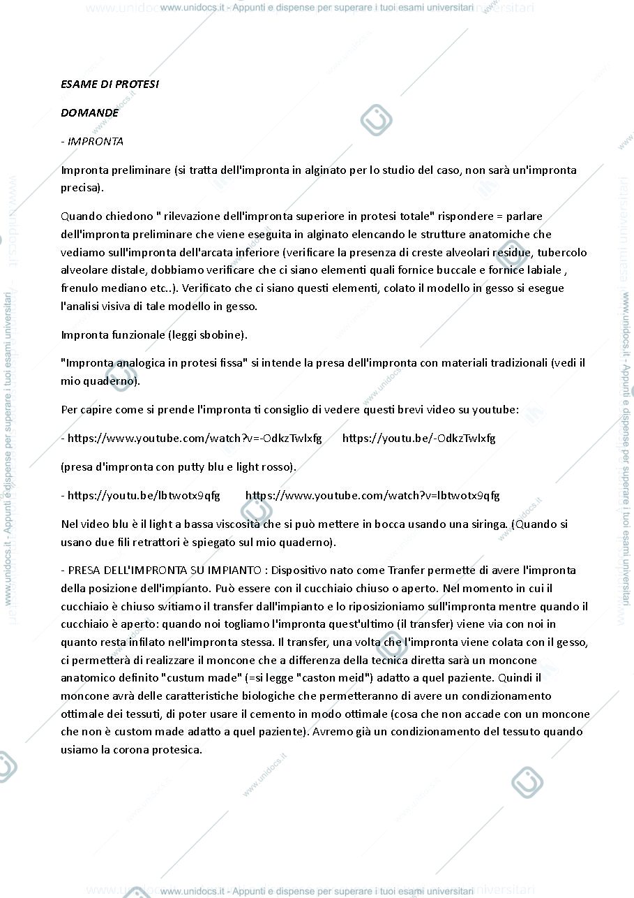 Anteprima pagina 1 — Domande d'esame fondamentali per l'esame di protesi