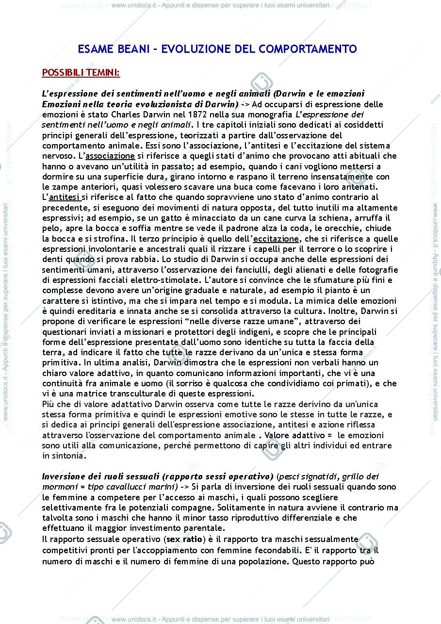 Anteprima pagina 1 — Domande per esame Evoluzione del Comportamento 