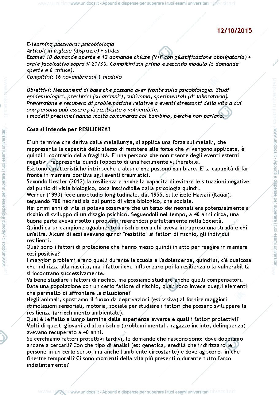 Anteprima pagina 1 — Appunti lezioni Psicobiologia della Resilienza e della Vulnerabilità 