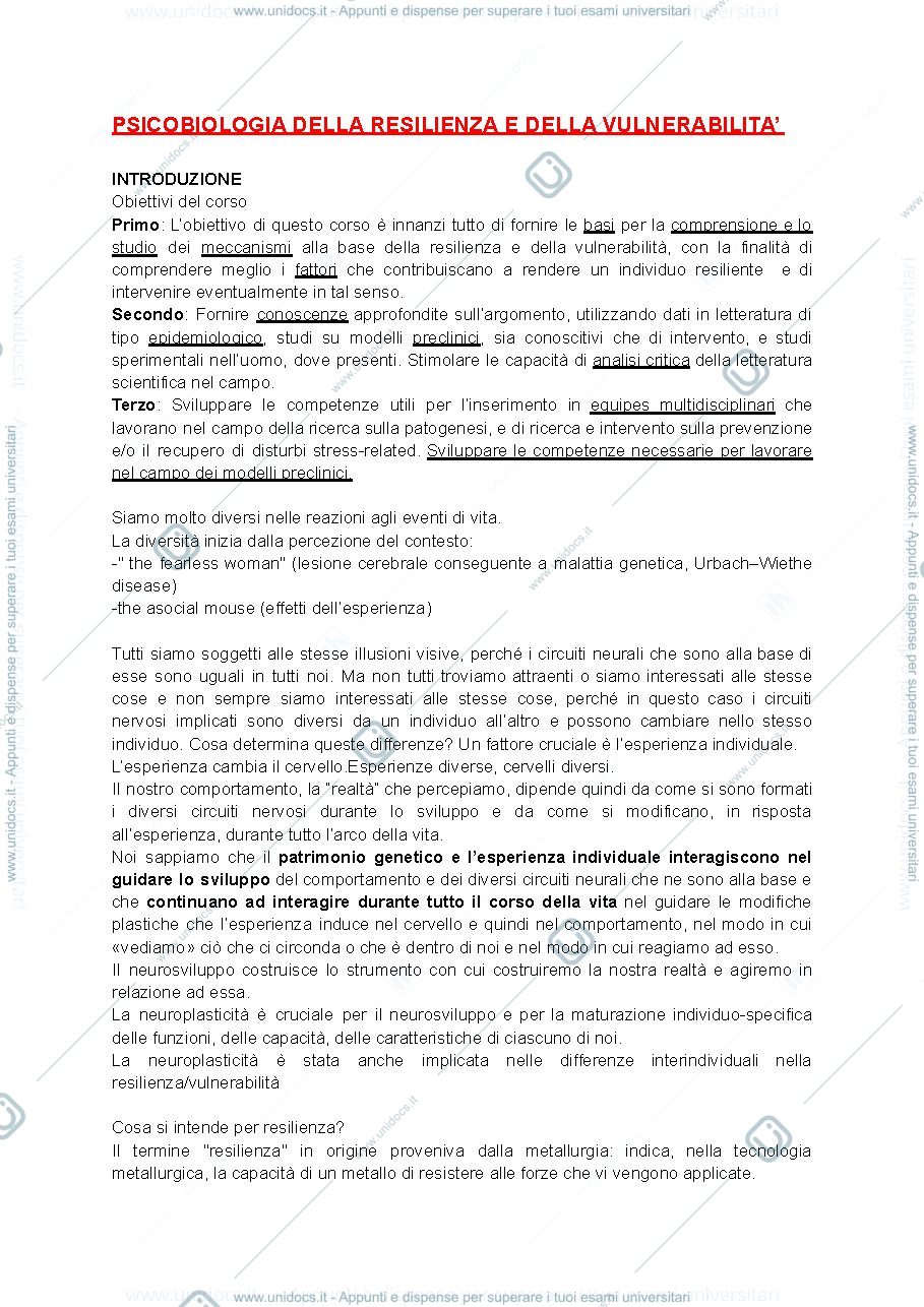 Anteprima pagina 1 — Psicobiologia della resilienza e della vulnerabilità - slide