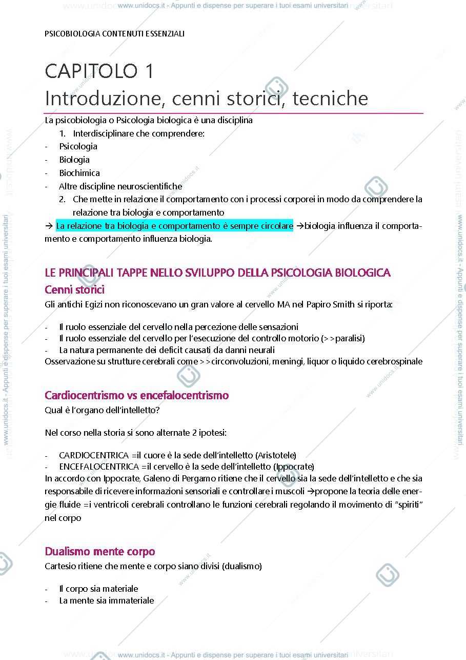 Anteprima pagina 1 — riassunti psicobiologia