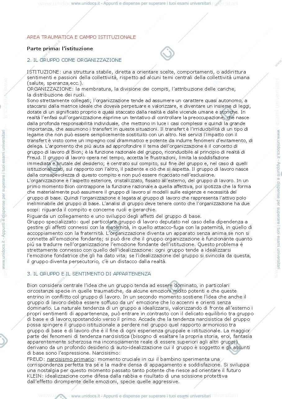 Anteprima pagina 1 — Riassunto "Area Traumatica e Campo Istituzionale" (Correale)