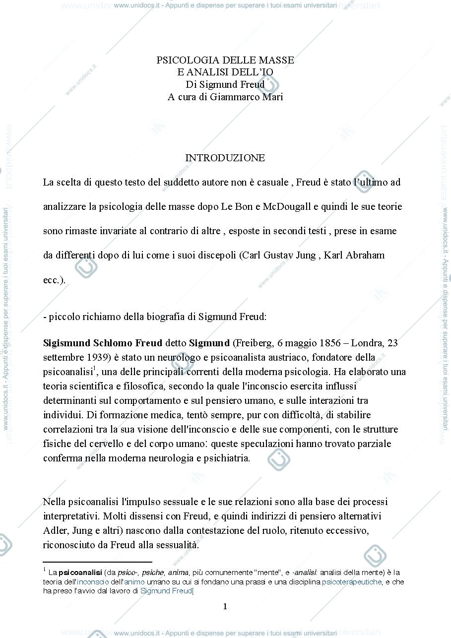 Anteprima pagina 1 — Riassunto "Psicologia delle Masse e Analisi dell'Io" (Freud)