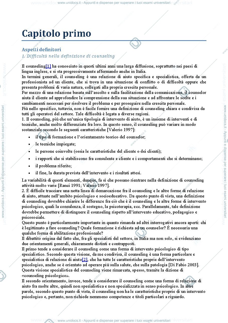 Anteprima pagina 1 — Riassunto "Il Colloquio di Counseling" (Calvo)