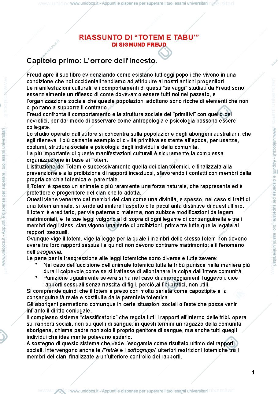 Anteprima pagina 1 — Riassunto "Totem e Tabù" (Freud)
