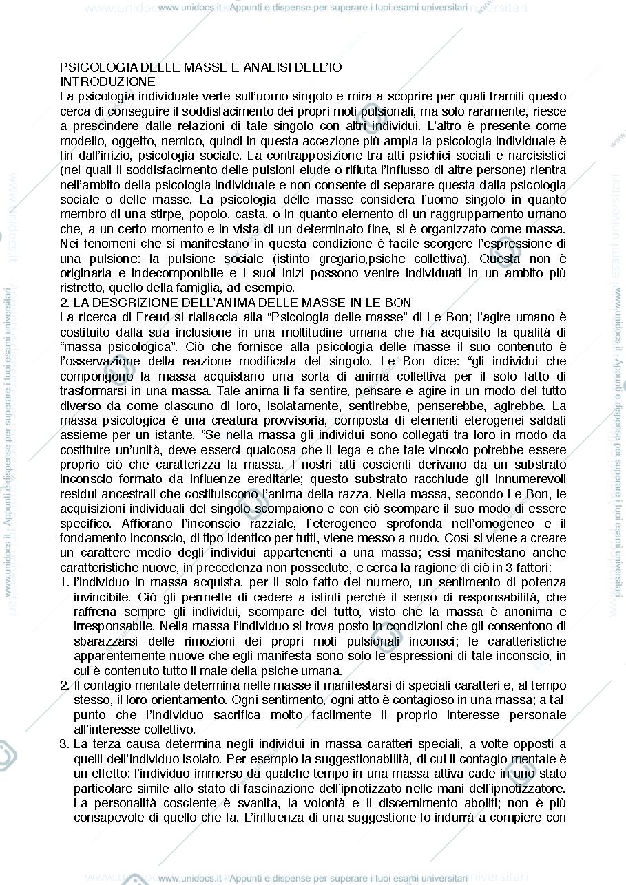 Anteprima pagina 1 — Riassunto "Psicologia delle Masse e Analisi dell'Io" (Freud)