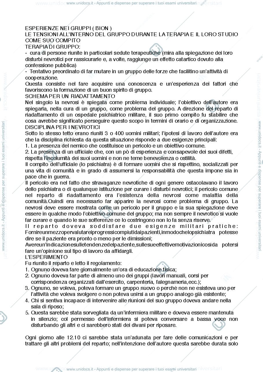 Anteprima pagina 1 — Riassunto "Esperienze nei Gruppi" (Bion)