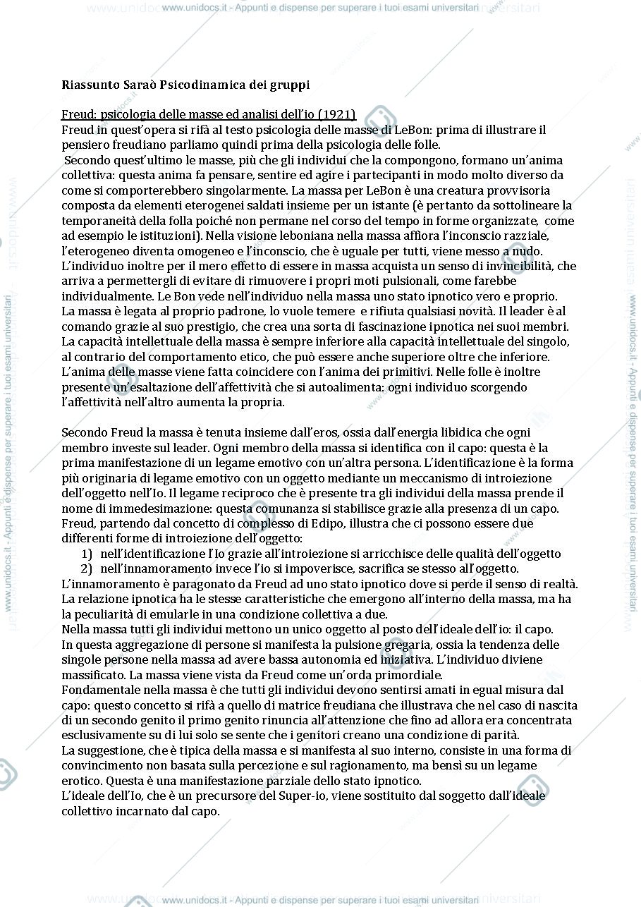 Anteprima pagina 1 — Riassunto "Psicologia delle Masse e Analisi dell'Io" (Freud) e "Area Traumatica e Campo Istituzionale" (Correale)