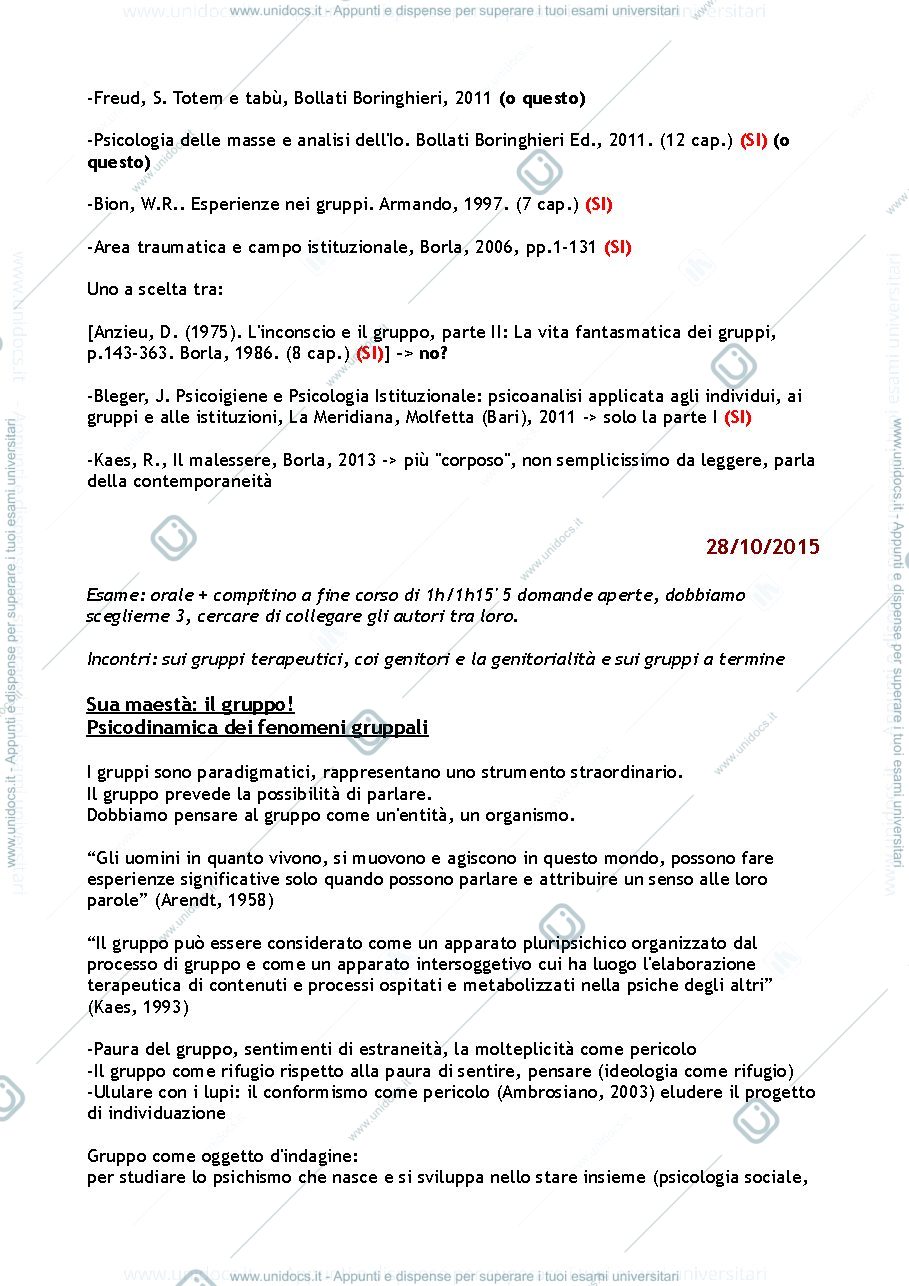 Anteprima pagina 1 — Appunti lezioni Psicodinamica dei Gruppi 
