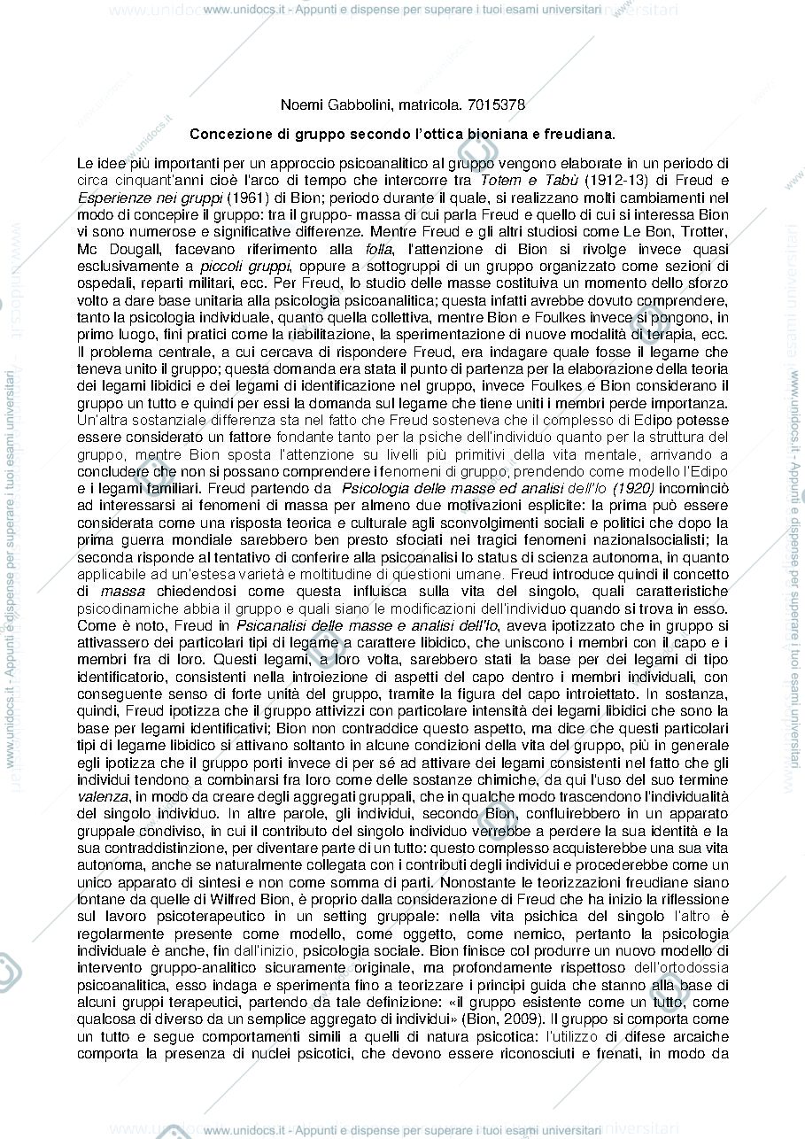 Anteprima pagina 1 — concezione di gruppo secondo l'ottica bioniana e freudiana