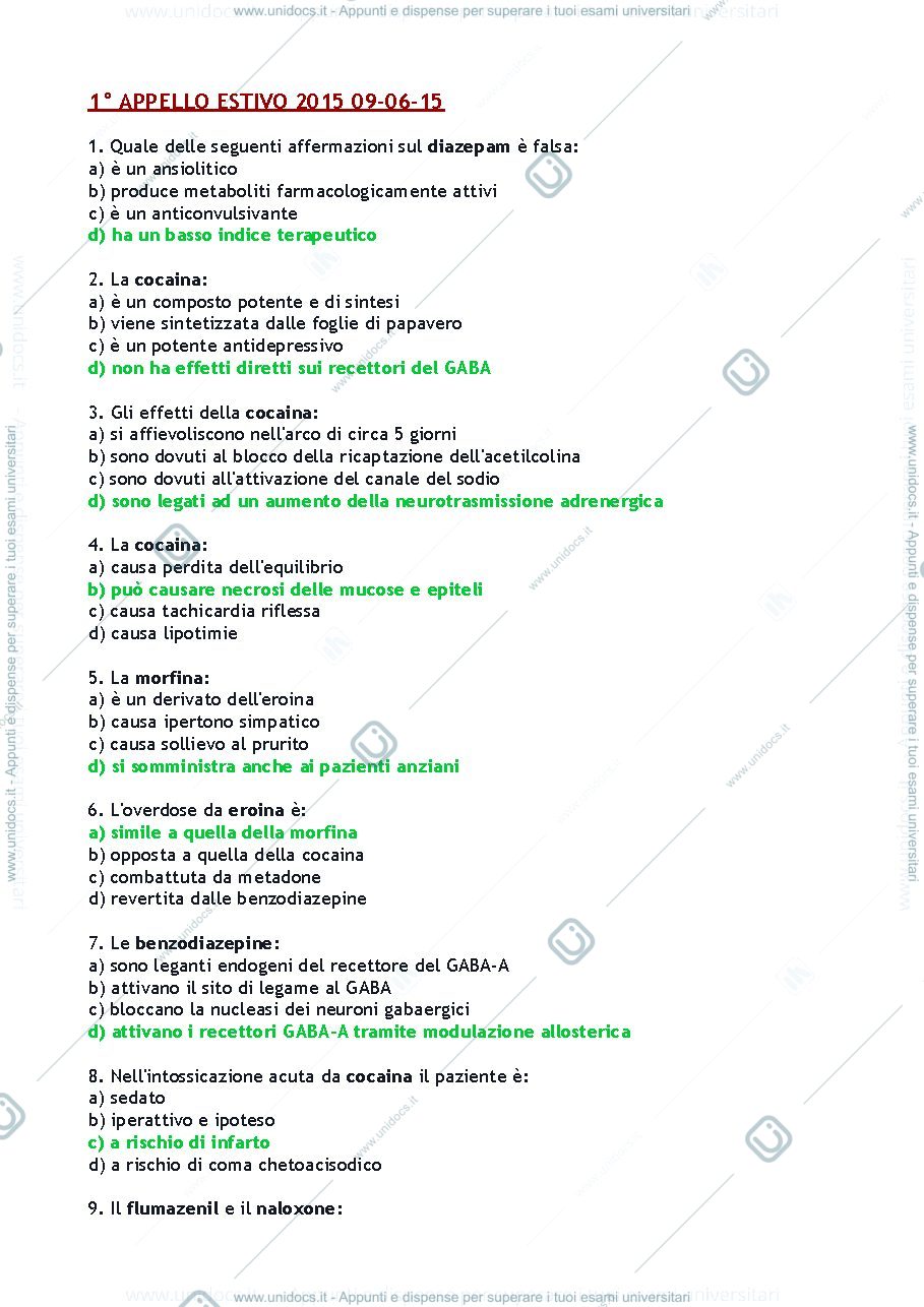Anteprima pagina 1 — Domande esame Psicofarmacologia