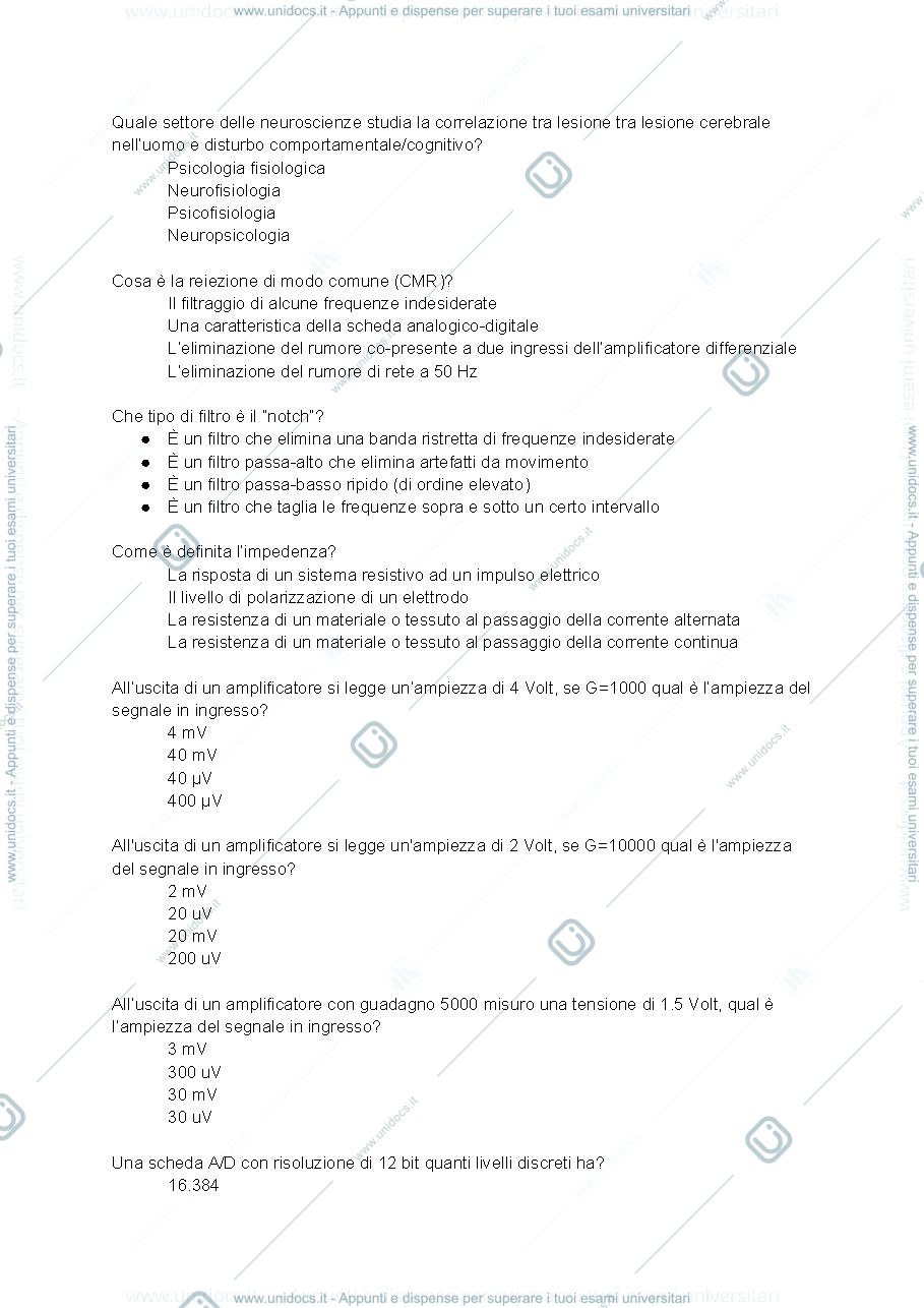 Anteprima pagina 1 — Domande esame Psicofisiologia 
