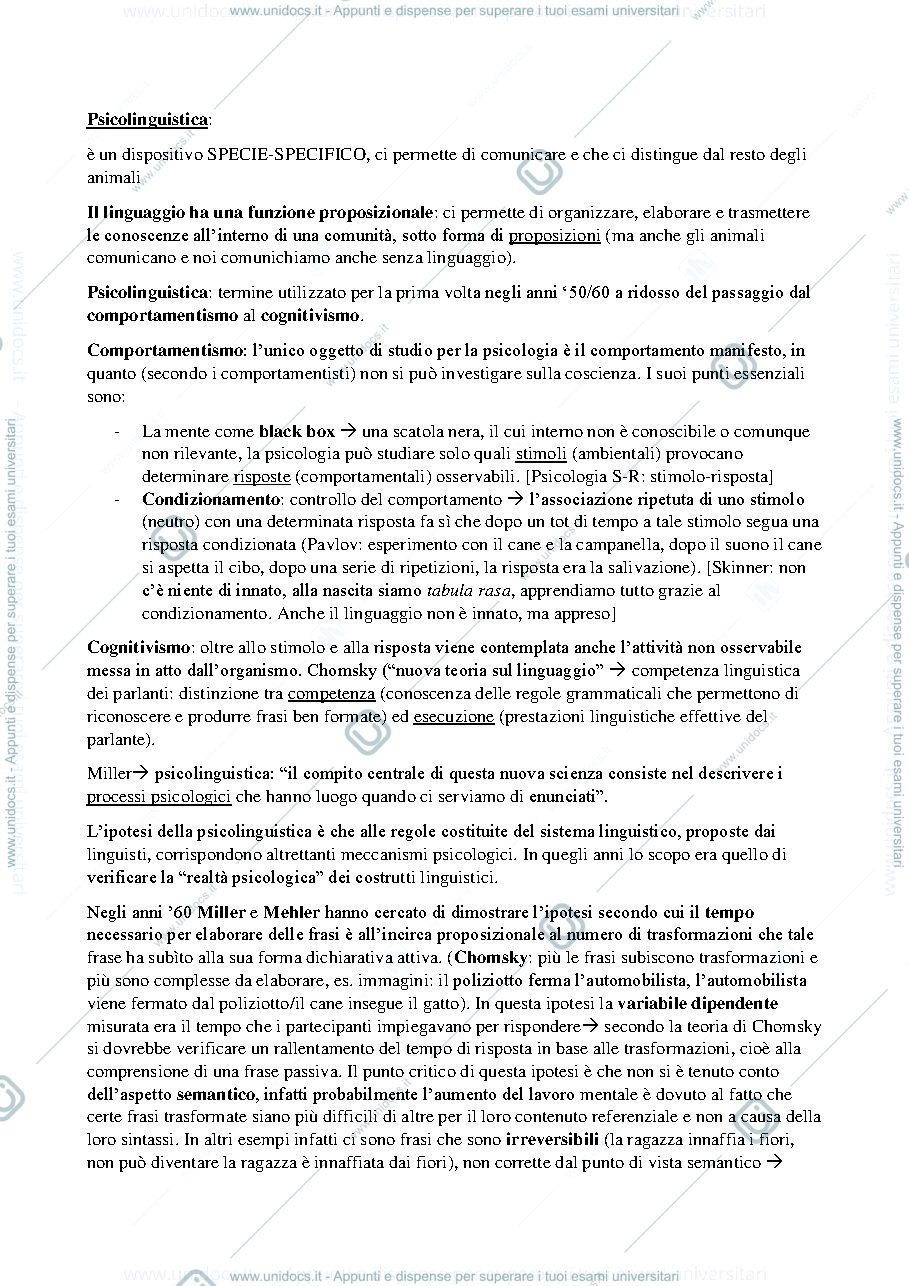 Anteprima pagina 1 — Esame psicolinguistica