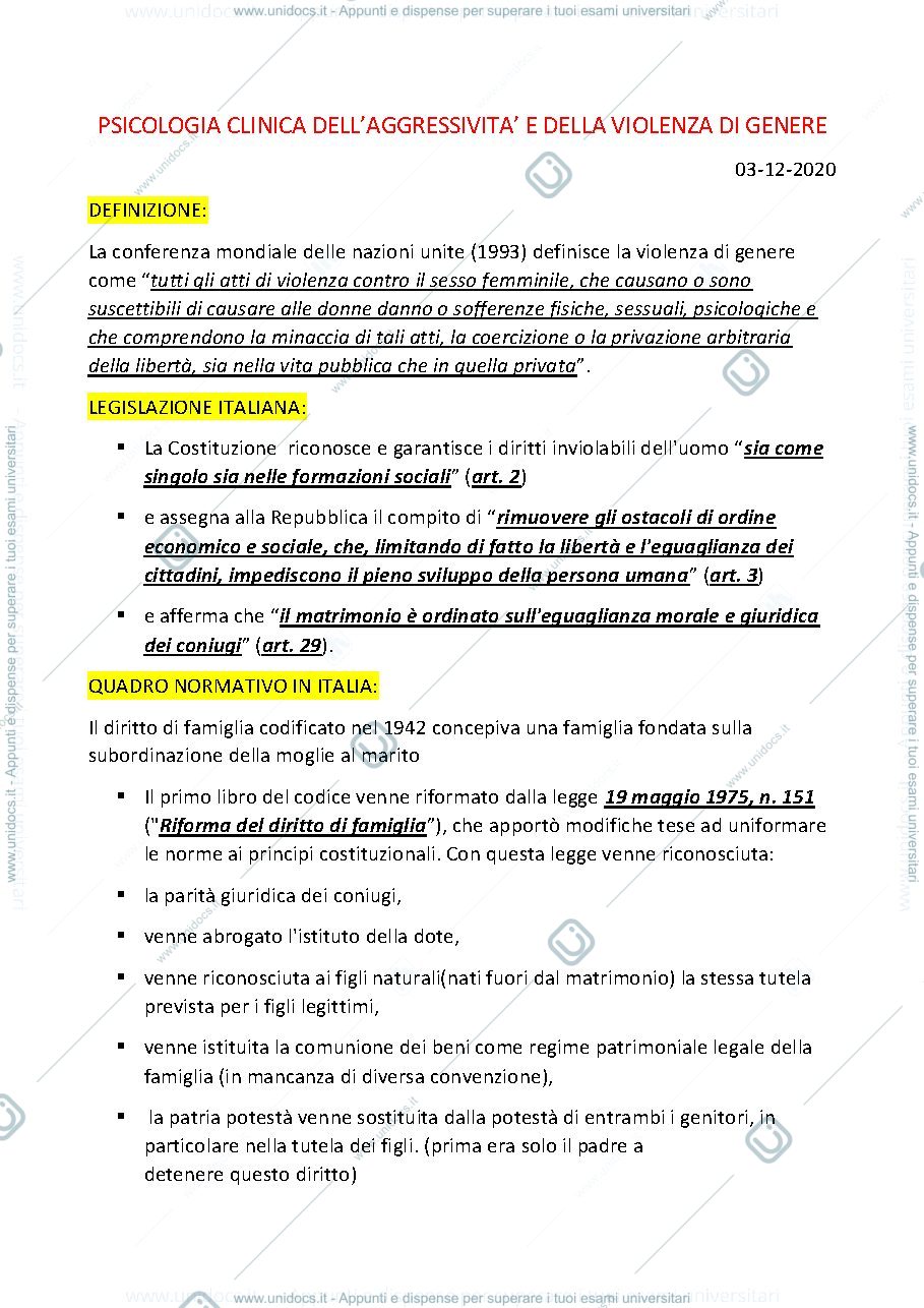 Anteprima pagina 1 — 1° lezione di psicologia clinica dell'aggressività e della violenza di genere