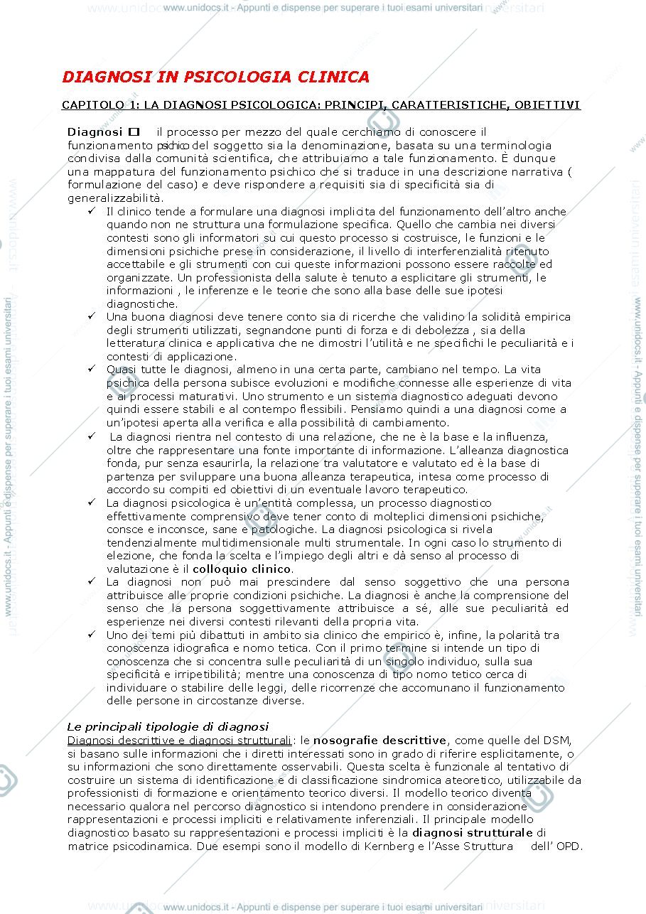 Anteprima pagina 1 — Riassunto "La Diagnosi in Psicologia Clinica – Personalità e Psicopatologia" (Sica/Giannini/Casale)