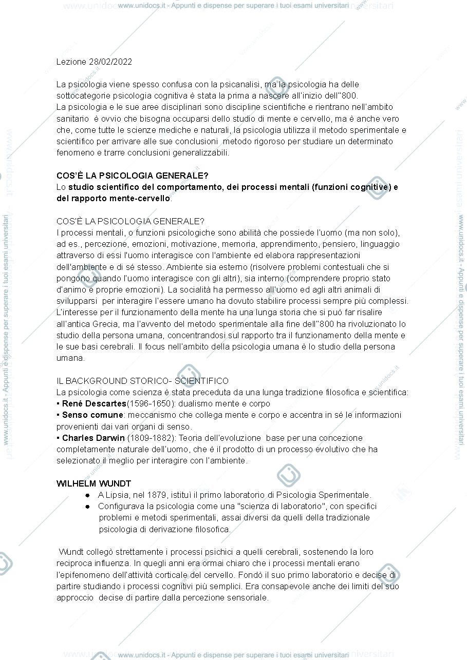 Anteprima pagina 1 — Appunti Psicologia cognitiva