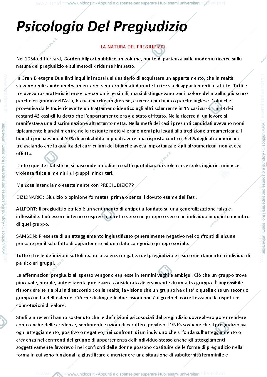 Anteprima pagina 1 — Riassunto "Psicologia del Pregiudizio" (Brown)
