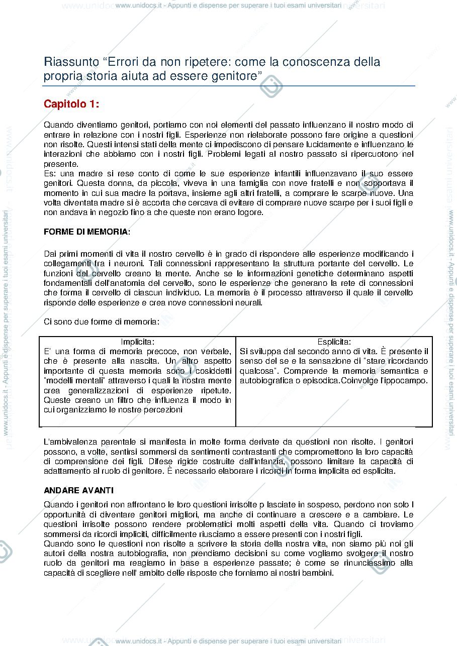 Anteprima pagina 1 — Riassunto "Errori da non ripetere: come la conoscenza della propria storia aiuta a essere genitori"