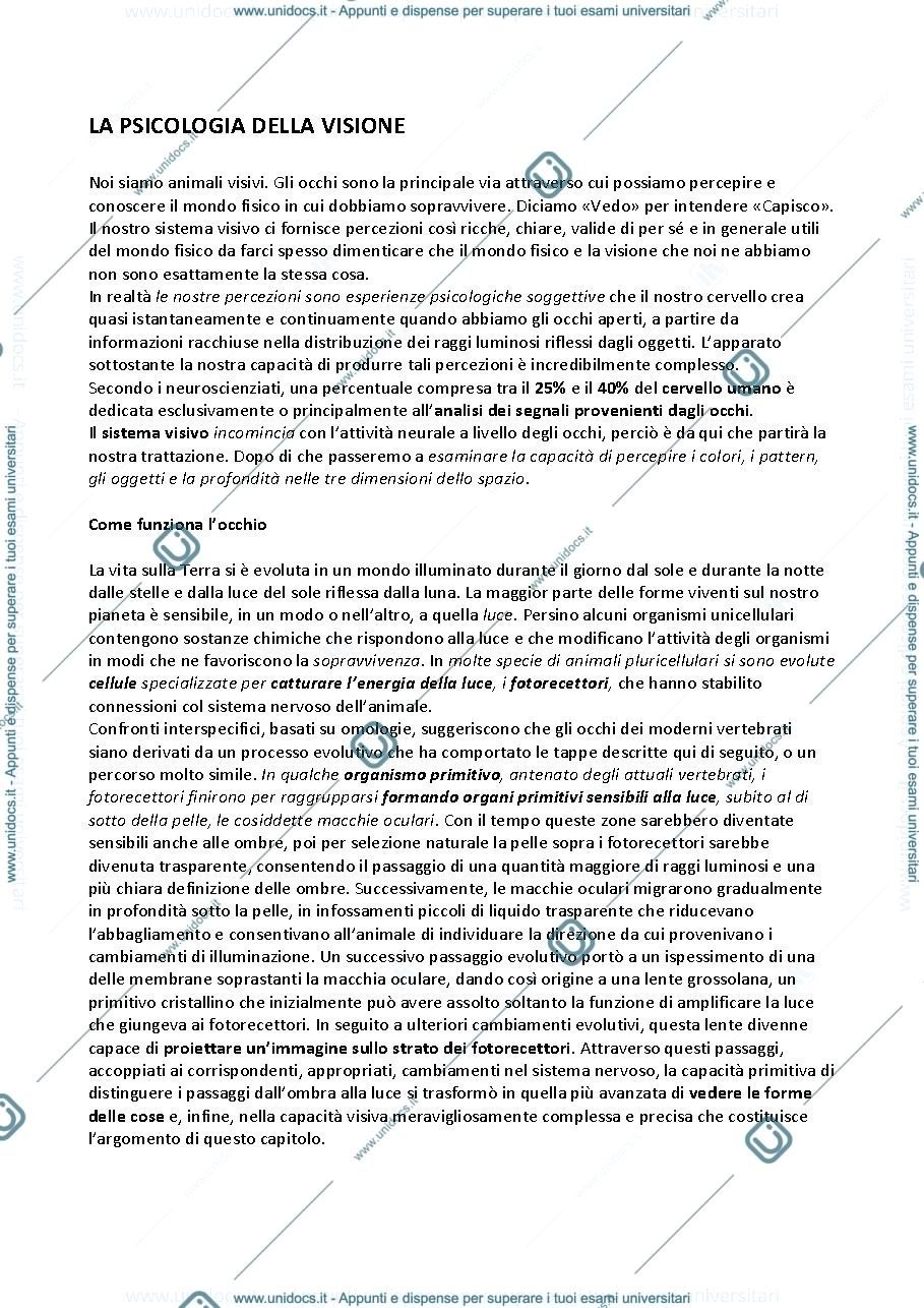 Anteprima pagina 1 — Riassunto TEORIE e METODI DEI PROCESSI COGNITIVI: LA VISIONE