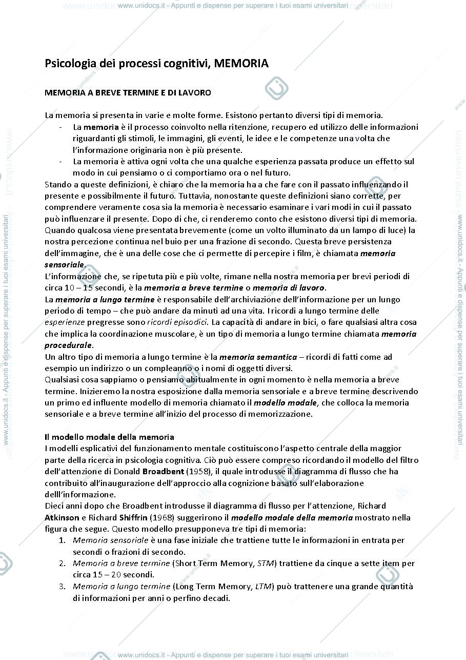 Anteprima pagina 1 — Riassunto integrato di materiale e slide di Processi Cognitivi, LA MEMORIA