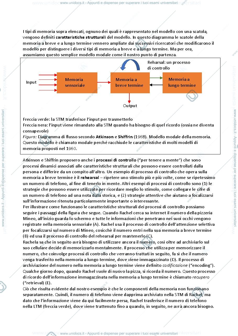 Anteprima pagina 2 — Riassunto integrato di materiale e slide di Processi Cognitivi, LA MEMORIA