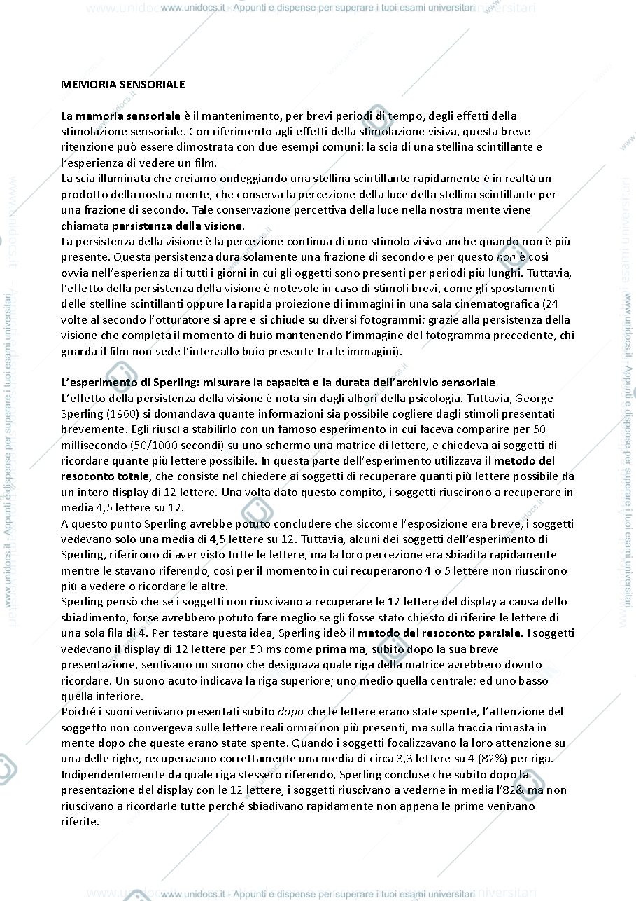 Anteprima pagina 4 — Riassunto integrato di materiale e slide di Processi Cognitivi, LA MEMORIA