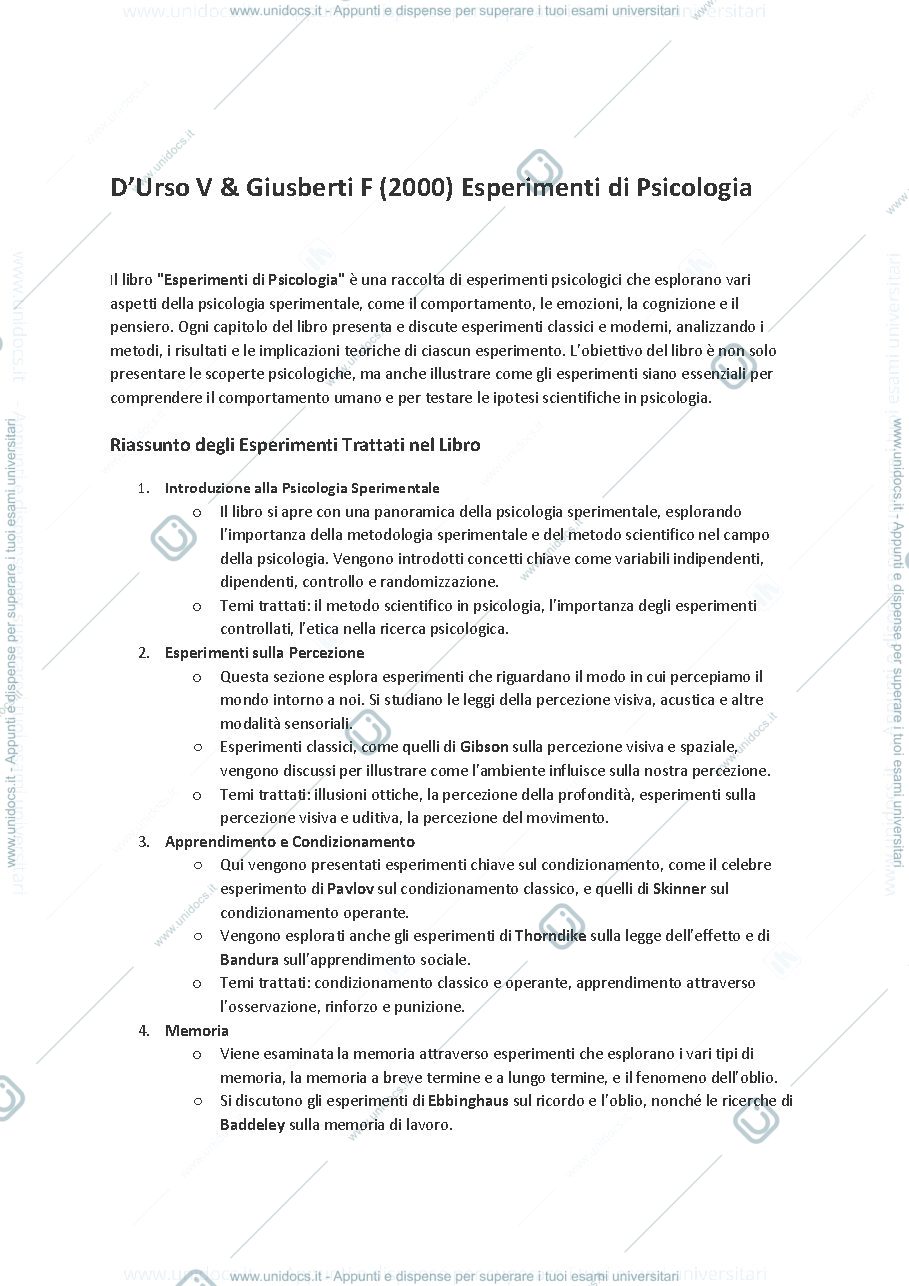 Anteprima pagina 1 — D’Urso V & Giusberti F (2000) Esperimenti di Psicologia