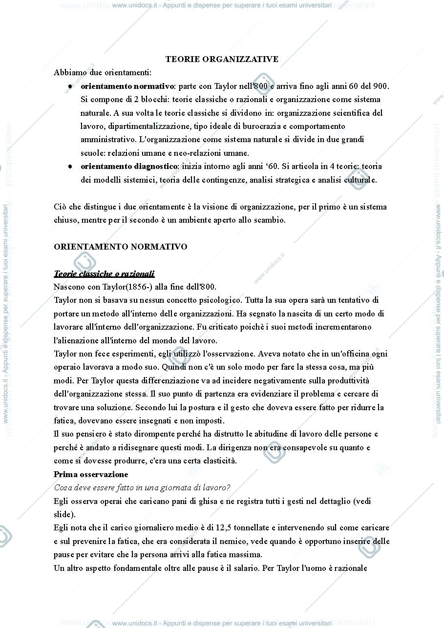 Anteprima pagina 1 — Appunti sulle teorie organizzative
