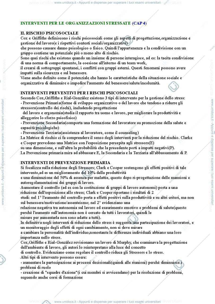 Anteprima pagina 1 — Riassunto "Rischio stress lavoro-correlato" cap.4