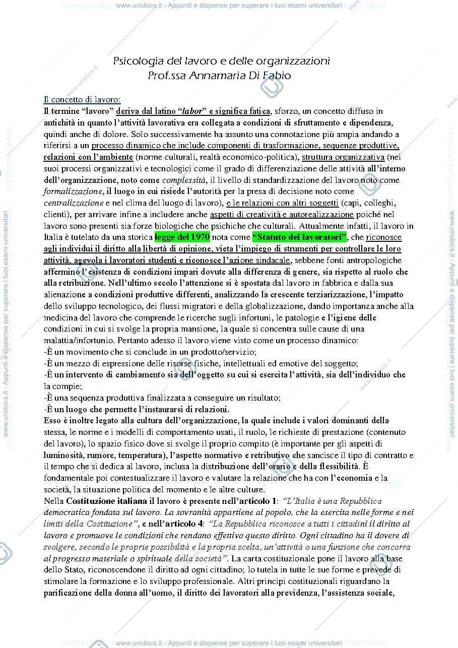 Anteprima pagina 1 — Riassunto Avallone "Psicologia del lavoro e delle organizzazioni"