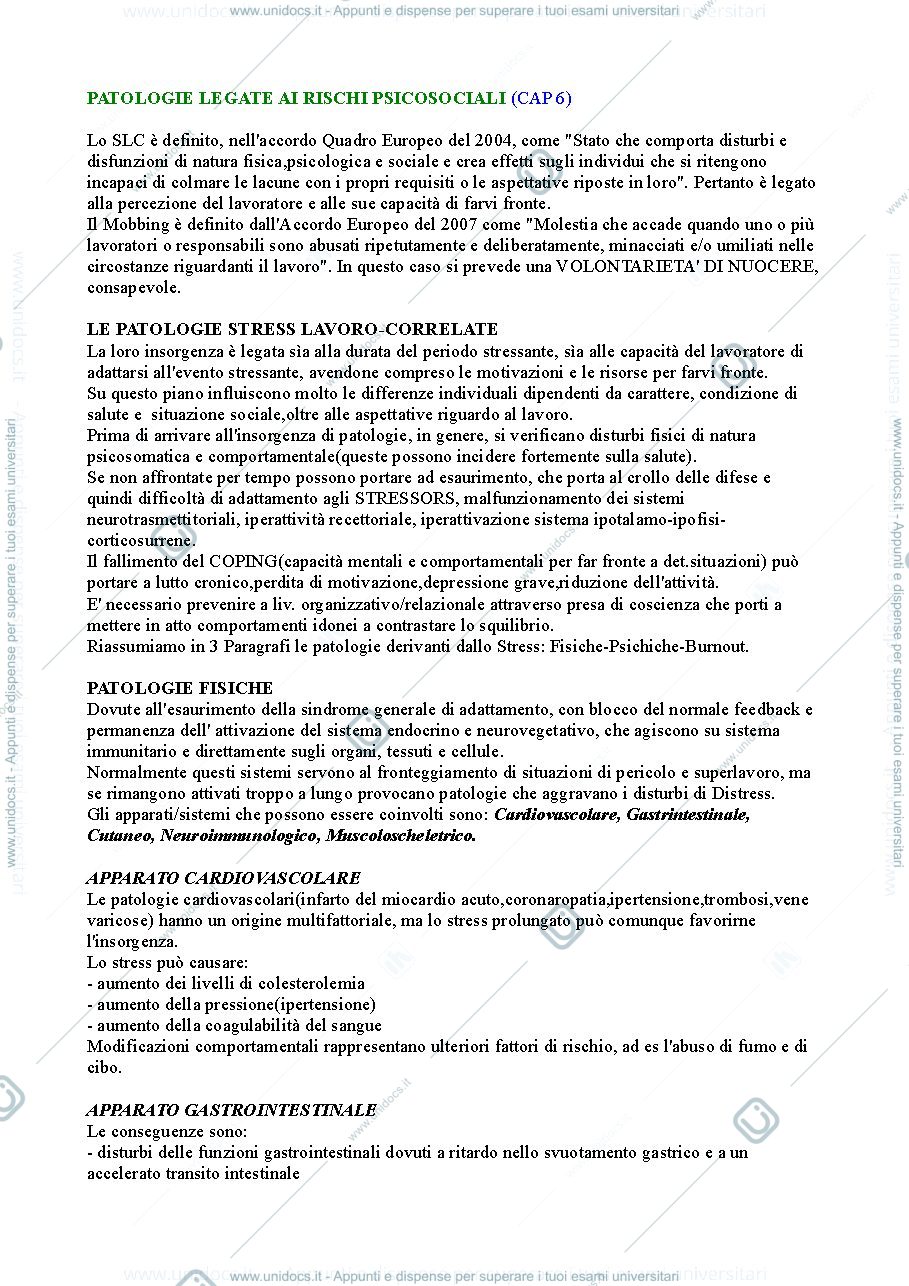 Anteprima pagina 1 — Riassunto "Rischio stress lavoro-correlato" cap.6