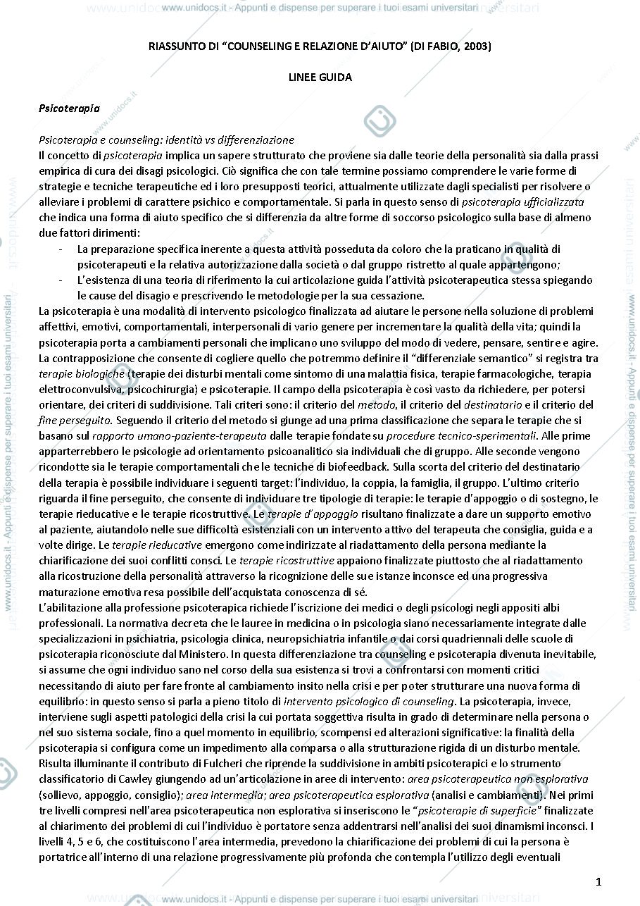 Anteprima pagina 1 — Riassunto del libro "Counseling e relazione d'aiuto".