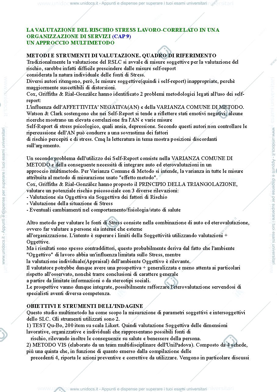 Anteprima pagina 1 — Riassunto "Rischio stress lavoro-correlato" cap.9