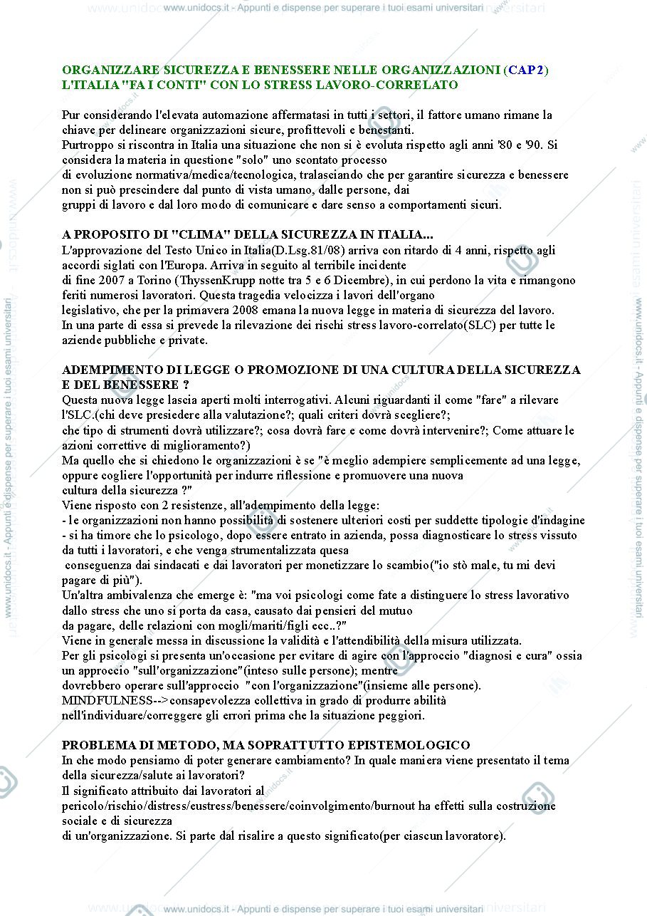 Anteprima pagina 1 — Riassunto "Rischio stress lavoro-correlato" cap.2
