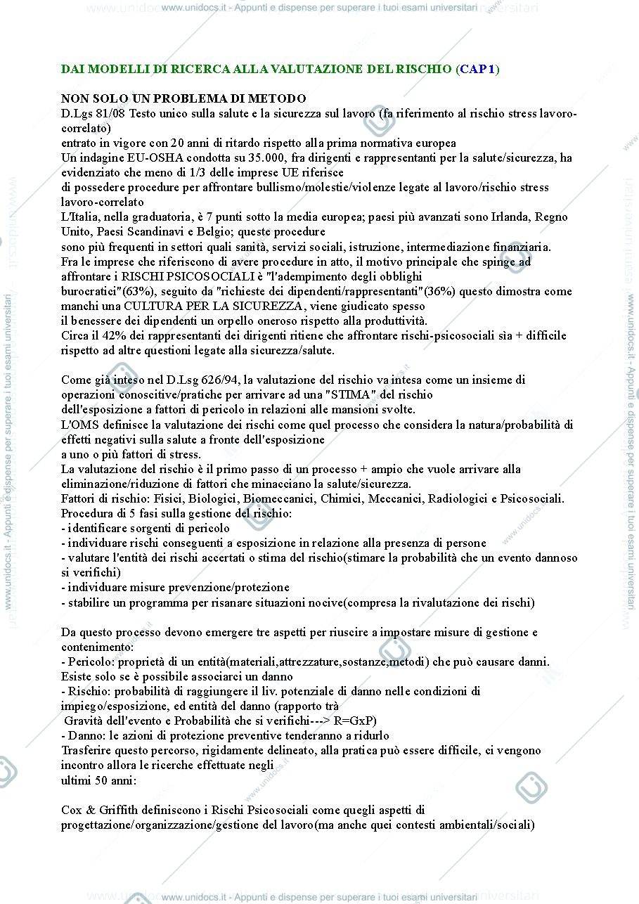 Anteprima pagina 1 — Riassunto "Rischio stress lavoro-correlato" cap.1
