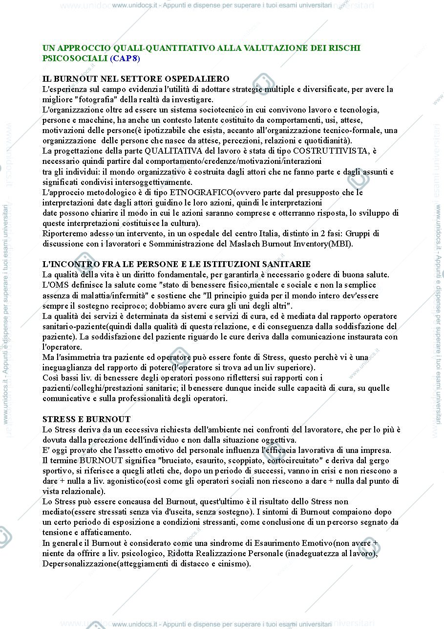 Anteprima pagina 1 — Riassunto "Rischio stress lavoro-correlato" cap.8