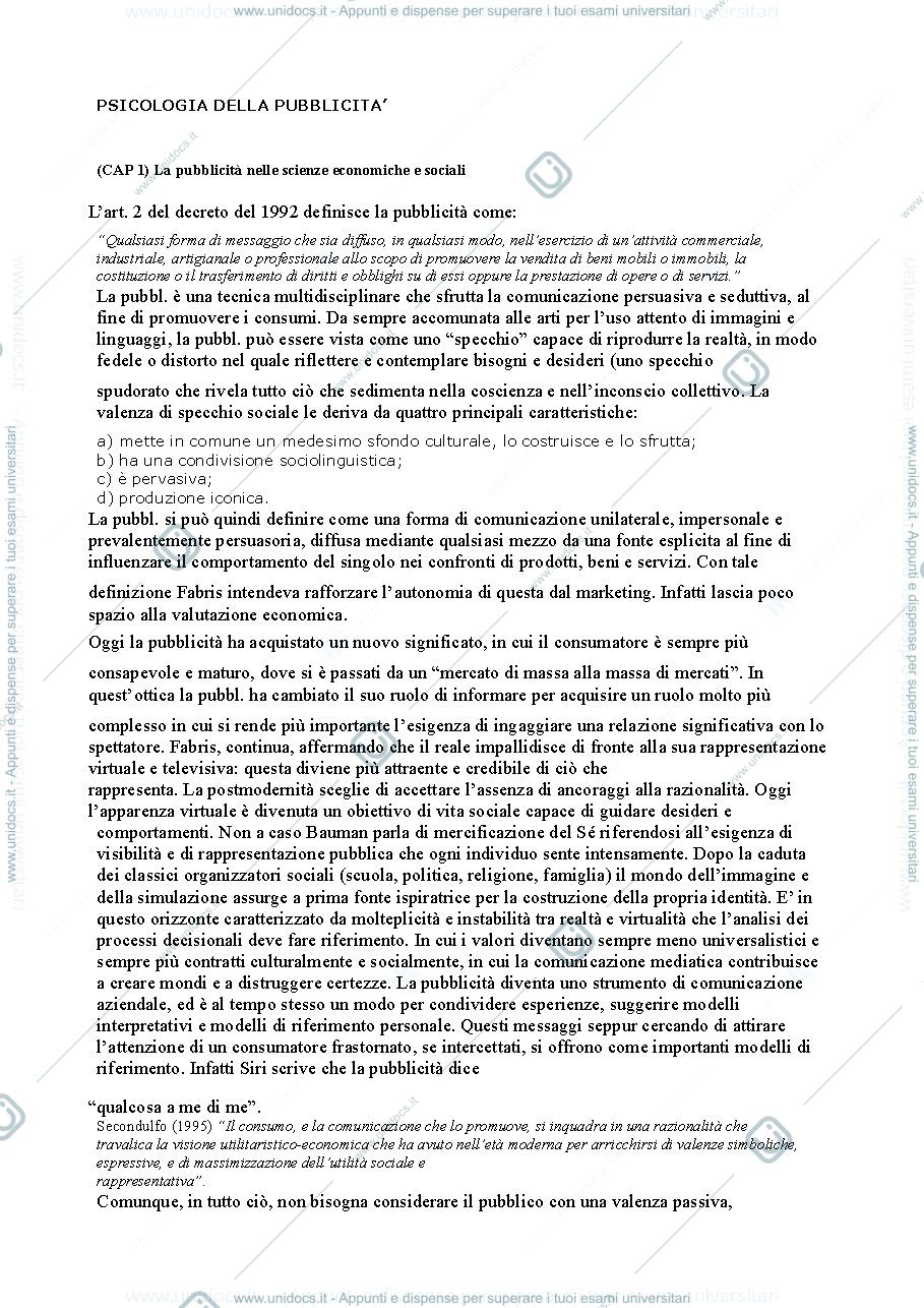 Anteprima pagina 1 — Riassunto "Psicologia della Pubblicità" (Mancini)