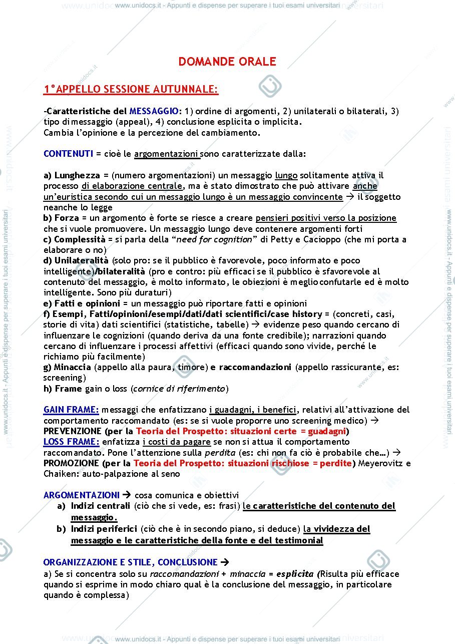 Anteprima pagina 1 — Domande orale "Psicologia della Comunicazione Persuasiva"