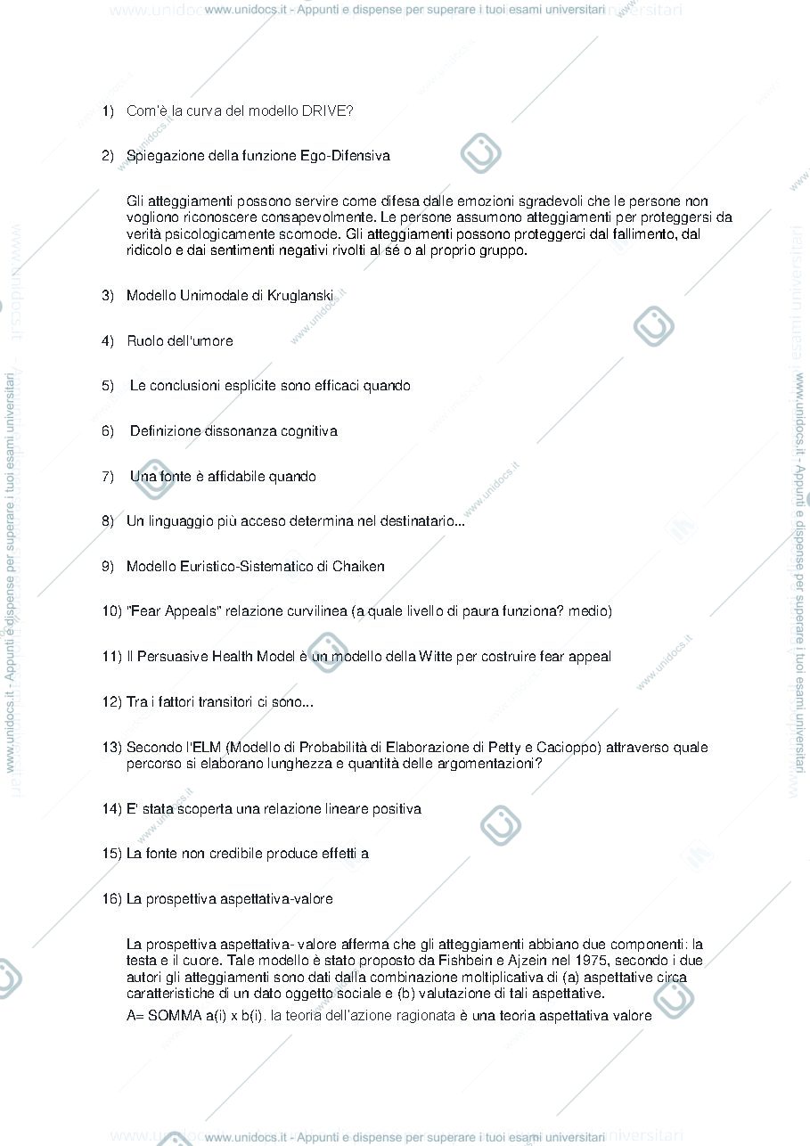 Anteprima pagina 1 — Domande esame psicologia della comunicazione persuasiva